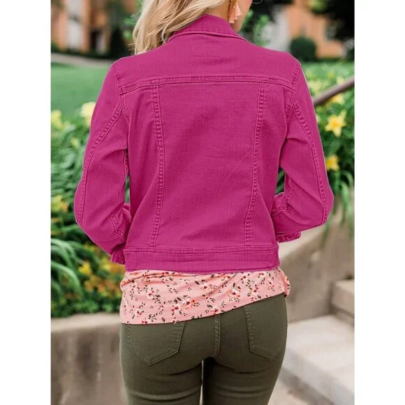 Women's Basic Button Down Stretch Fitted Long Sleeve Denim Jean Jacket Rose Pink - Picture 7 of 7